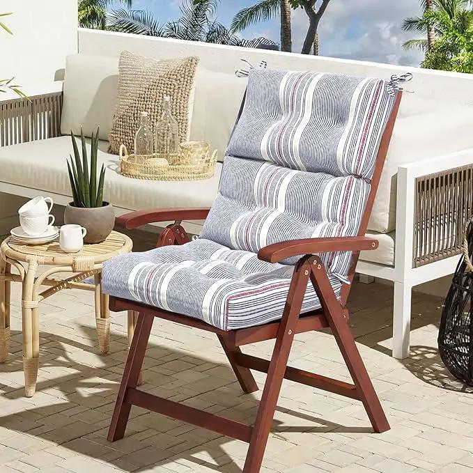 LVTXIII Outdoor Tufted High Back Cushions Set of 2 Patio Seasonal Replacement Rocking Chair Cushion with Ties, Solid Seat and Back Chair Cushion, (44” L x 22W”, Stripe Denim Blue) by GreenHaven Gardens