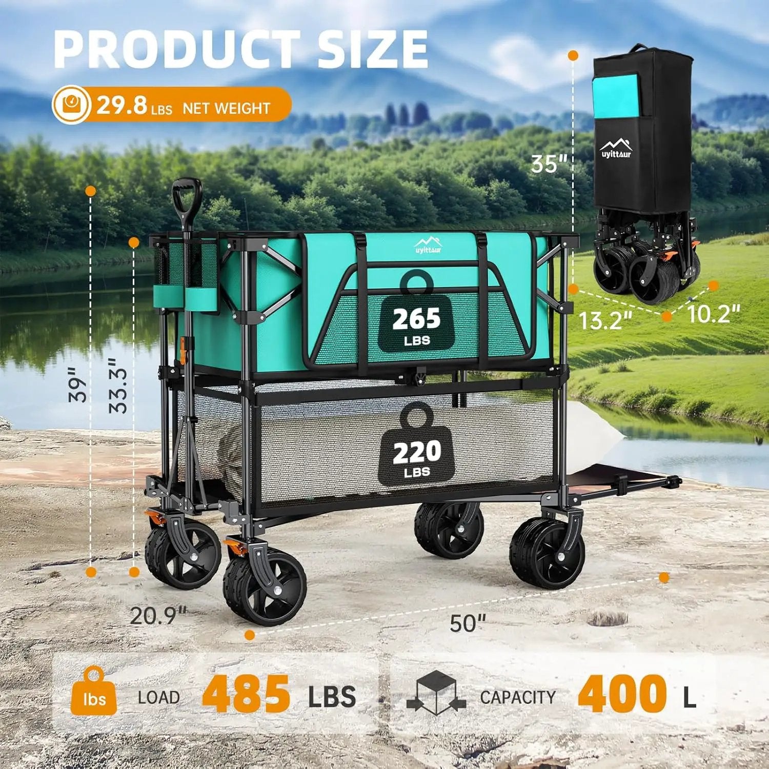 Foldable 50''L Extra Long Double Decker Wagon for Sport, 400L Collapsible Heavy Duty Wagon Cart with Big Wheels, Utility All-Terrain Large Extender Cart for Outdoors, Light Blue by GreenHaven Gardens
