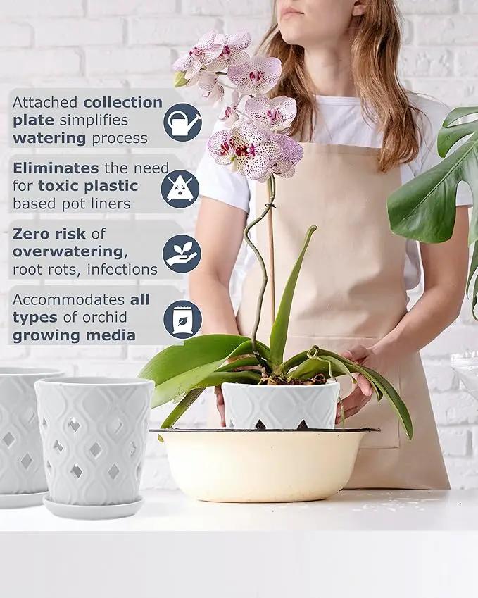 Whispering Winds Ceramic 5 x 6 Inch Orchid Pot with Holes & Saucer for Aeration and Drainage - Decorative Orchid Pots for Repotting, Prevent Over Watering & Root Rot (Carrara White) by GreenHaven Gardens