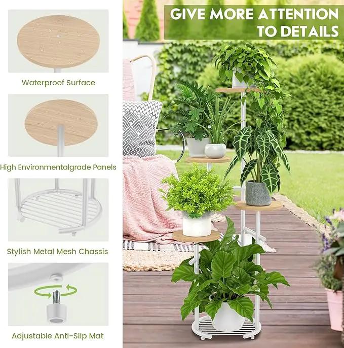 TOSKING 5 Tier Metal Plant Stand Indoor， Plant Shelf, Corner Shelf Flower Pot Stand for Outdoor Plant Stand for Living Room Balcony Garden Patio Bedroom (White and Wood, 42in) by GreenHaven Gardens