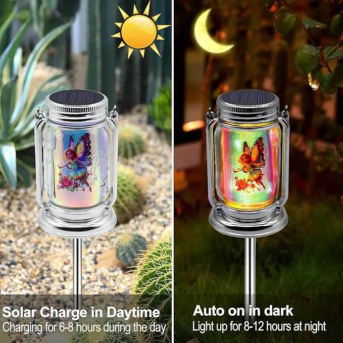 2 Pack Solar Fairy Lanterns for Garden Outdoor Decorations-Gifts for Mom Women Grandma,Outdoor Flower Fairies Silver Glass Mason Jars,Hanging Lamp with Stake for Home Yard Patio Lawn Party by GreenHaven Gardens