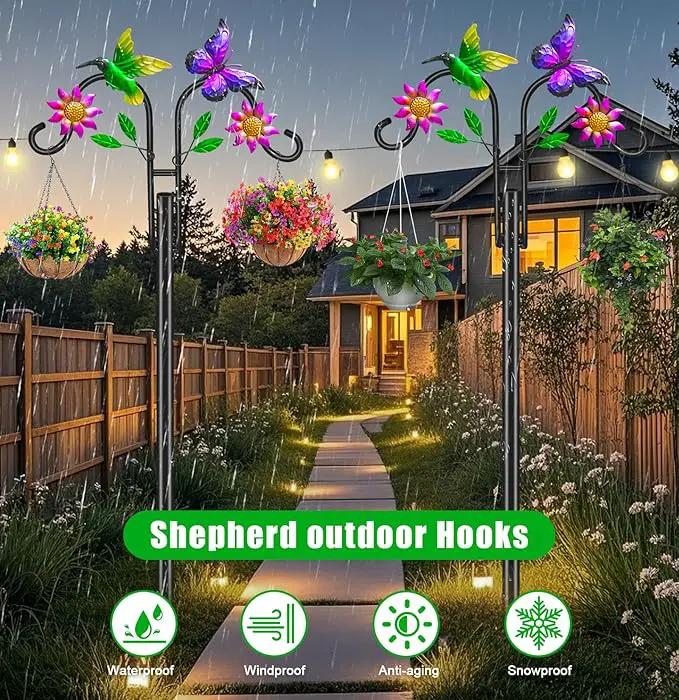 Double Shepherds Hooks for Outdoor, 78 Inch Artistic Hummingbird & Flower Design, 5 - Prong Base, Ideal for Bird Feeders, Baskets & Lanterns (2 Pack) by GreenHaven Gardens