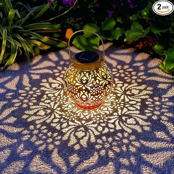 2 Pack Outdoor Solar Hanging Lantern Lights Metal LED Decorative Lamp for Garden Patio Courtyard Lawn and Table with Hollowed-Out Design (Sunset Blaze) by GreenHaven Gardens