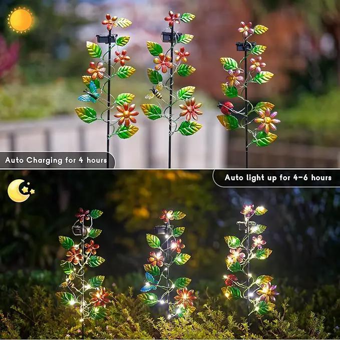 3 Pack Solar Garden Lights, Flower & Insect Metal Solar Stake Light, 23" H Outdoor Statues Figurine Lights for Garden Lawn Patio Yard Decoration by GreenHaven Gardens