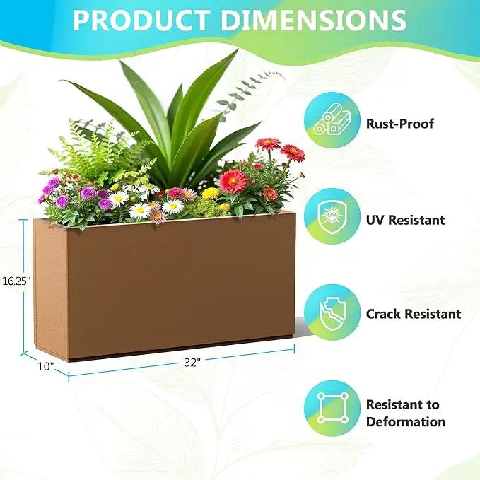 FENCY Metal Rectangular Planter Box, Large Planters for Outdoor Plants, Tall Planters for Outdoor Plants with Drainage Holes (32" L x 10" W x 16.3" H,Brown) by GreenHaven Gardens
