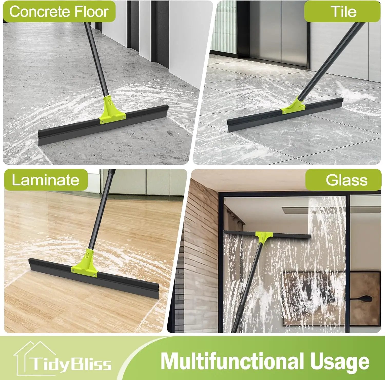 Floor Squeegee Heavy Duty, 24” Rubber Foam Water Scraper Broom, Epoxy Wiper Mop with 62 inches Long Handle for Cleaning Concrete Pool Rug Garage Deck Shower Window Outdoor Indoor (Green) by GreenHaven Gardens