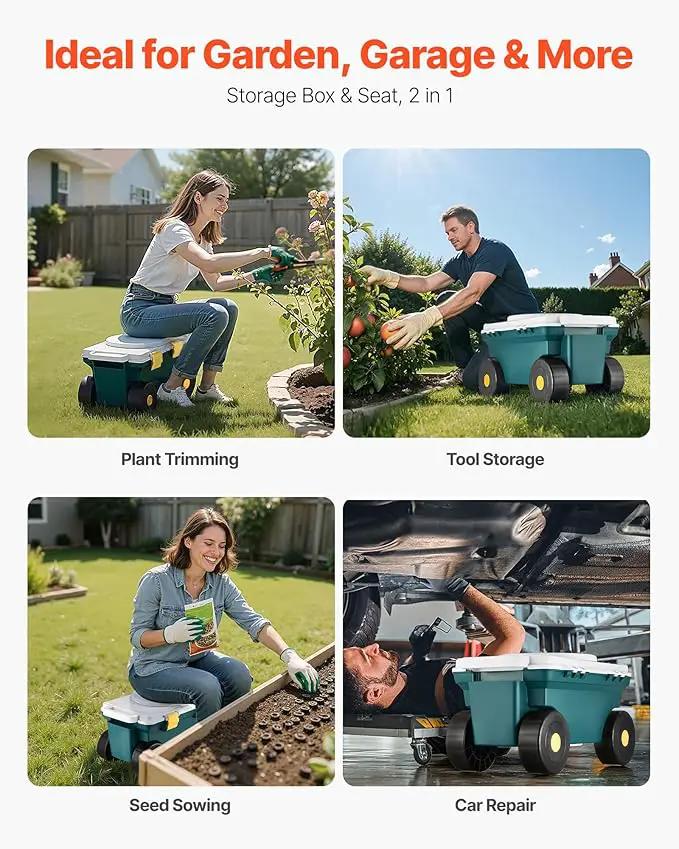 VEVOR Garden Scooter with Seat, 2 in 1 Rolling Garden Cart with Storage Bin, Supports up to 227 lbs, Outdoor Wagon with Handle, Lightweight Storage Gardening Stool for Yard Weeding Planting by GreenHaven Gardens