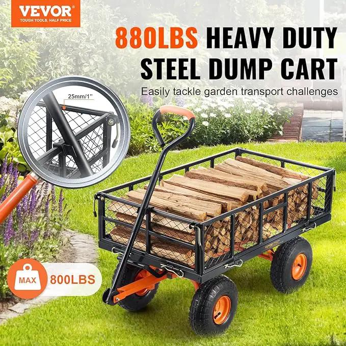 VEVOR 880lbs Steel Garden Dump Cart Utility Wagon, Heavy Duty Yard Dump Wagon Cart with Removable Sides, Pullable Handle, Utility Liner, 10in All Terrain Wheels by GreenHaven Gardens