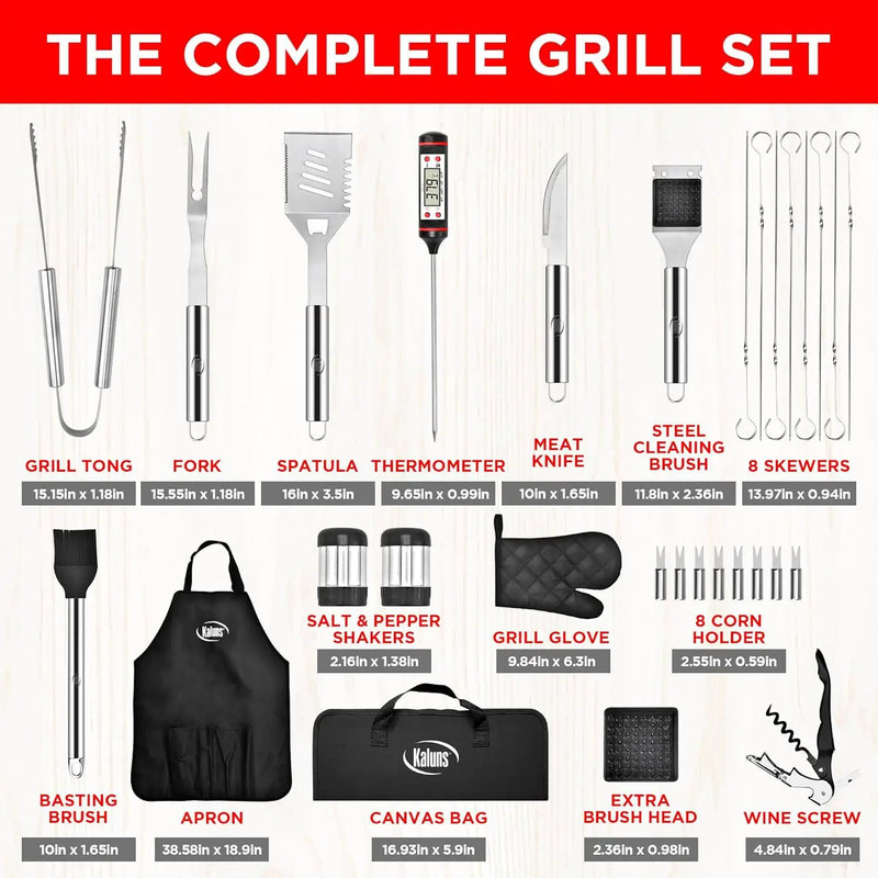 Kaluns Grilling Accessories, Dad Gifts for Christmas Grilling Gifts, Heavy Duty Stainless Steel Grill Set BBQ Grill Accessories for Outdoor Grill with Meat Thermometer, Case and Apron by GreenHaven Gardens