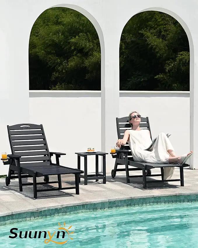 Lounge Chair Outdoor Set of 2, HDPE Chaise Lounge Outdoor with 6-Position & Wheels &Cup Holder, Pool Lounge Chair for Pool Poolside Deck Backyard Patio, Black by GreenHaven Gardens