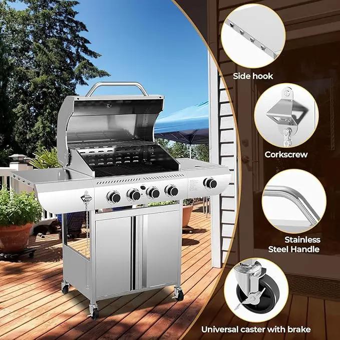 R.W.FLAME 4-Burner Gas Grill with Side Burner, Stainless Steel Propane Grill 42000BTU for Outdoor Cooking, with Porcelain-Enameled Cast Iron Grates, Baking Pan, Silver by GreenHaven Gardens