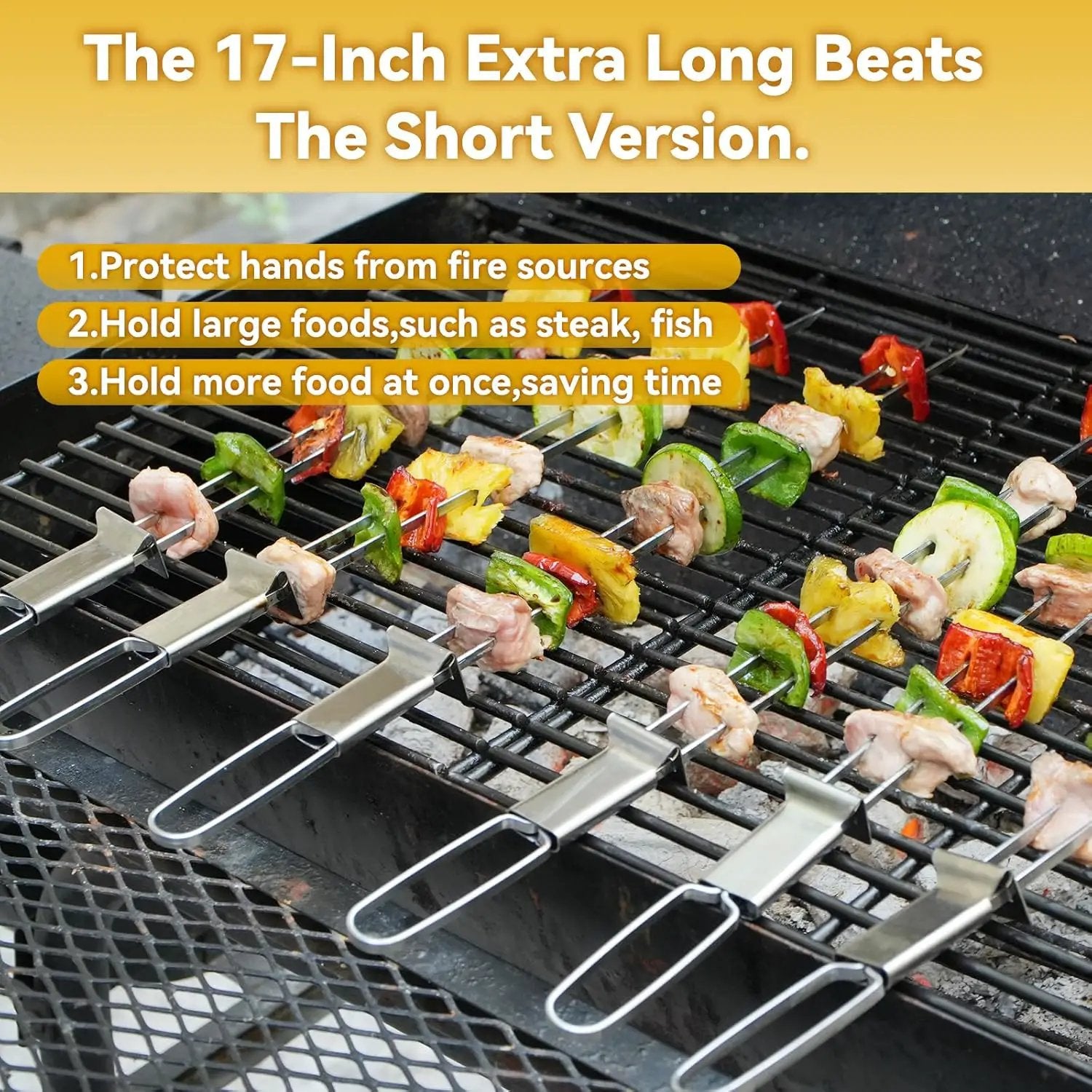 Skewers for Grilling- 17 inch (6 Pack) Double Pronged Flat Stainless Steel BBQ Skewer with Push Bar- Kabob Skewers Skewer Sticks for Camping or family - Reusable, BBQ Accessories by GreenHaven Gardens