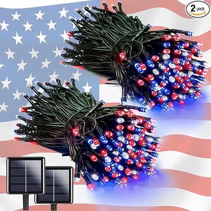 EEW 2pk Red White and Blue Solar String Lights Outdoor Waterproof, Solar Powered LED Patriotic Lights 200 LED, Solar Tree Lights for Independence Day Decor 4th of July Memorial Day Decorations by GreenHaven Gardens