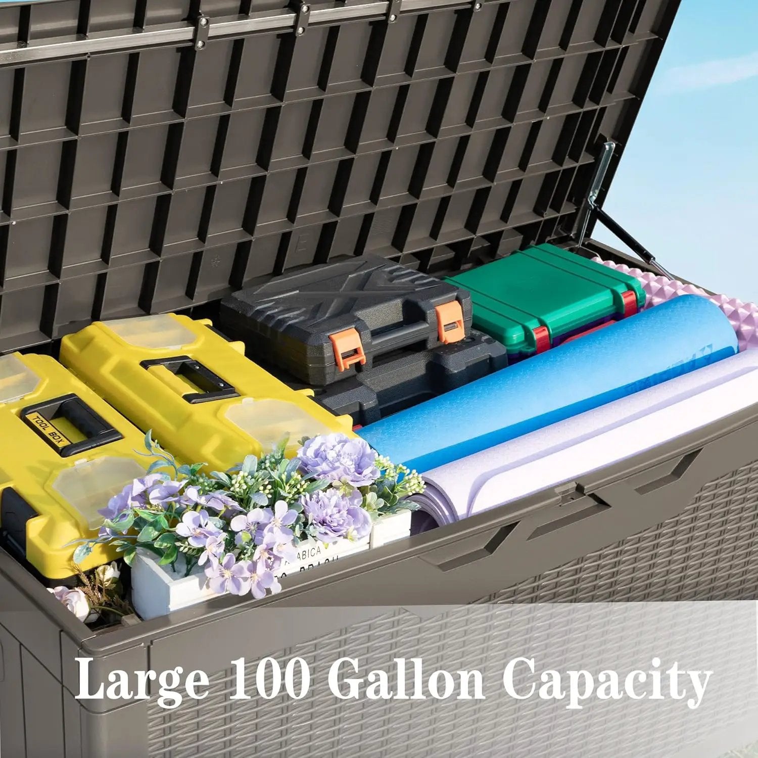 Greesum 100 Gallon Resin Deck Box Large Outdoor Storage Boxes with Cushions for Garden Tools, Patio Furniture Pillows, Pool Supplies, Light Coffee by GreenHaven Gardens