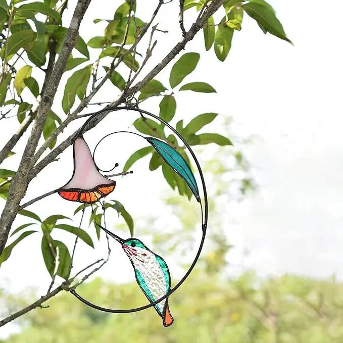 Lolitarcrafts Hummingbird with Flower Stained Glass Suncatcher Bird Stained Glass Window Hangings Hummingbird Gift for Home Decor (Green) by GreenHaven Gardens