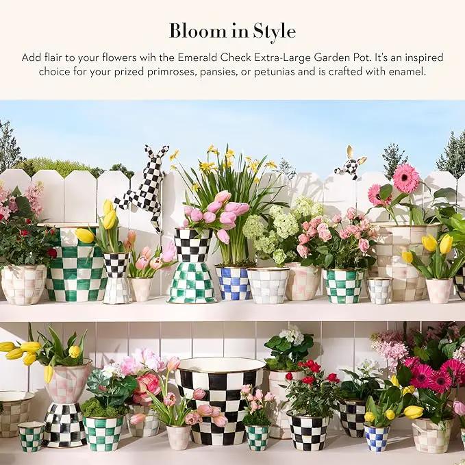MACKENZIE-CHILDS Enamel Garden Pot, Decorative Pot for Plants, Outdoor Flowerpot Decor, Extra Large, Green-and-White Emerald Check by GreenHaven Gardens