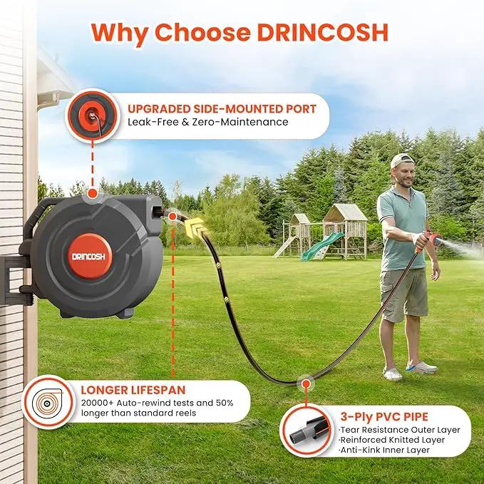 Upgraded Retractable Garden Hose Reels 130 ft X 1/2" PRO Metal Bracket 180° Swivel Any Length Lock Heavy Duty Water Hose Reels Wall Mount 9 Pattern Nozzle Garden Watering by GreenHaven Gardens
