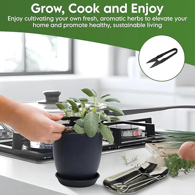 Indoor Garden Kit - Plant Pots with Drainage, Watering Can & Tools - Ideal Windowsill Planter Set - Modern Home & Kitchen Decor Gift - Black by GreenHaven Gardens