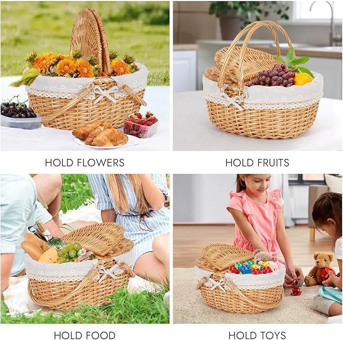 Happypicnic Wicker Picnic Basket with Handle, 15" Large Empty Picnic Basket with Lid & Removable Liner, Vintage Hand Woven Basket for Picnics, Camping, Veg Picking, Mother'S Day, Thanksgiving (Flower) by GreenHaven Gardens