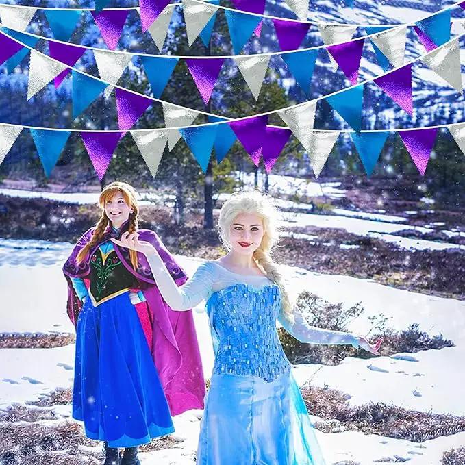 Frozen Party Decoration Purple Blue Silver Metallic Fabric Triangle Pennant Banner Flag Bunting Garland for Frozen Winter Wonderland Christmas Birthday Wedding Baby Shower Bridal Shower Party Supplies by GreenHaven Gardens