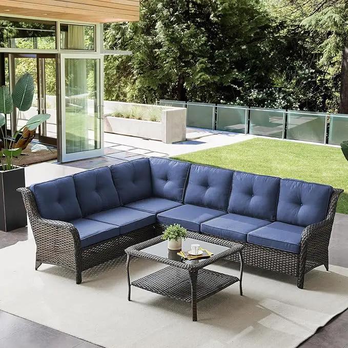 Outdoor Furniture Sectional Sofa L Shaped Couch - Patio Wicker Set with Coffee Table, 3 Piece Rattan Patio Conversation Sets with Blue Cushion for Deck Backyard Sunroom Blue Cushion by GreenHaven Gardens