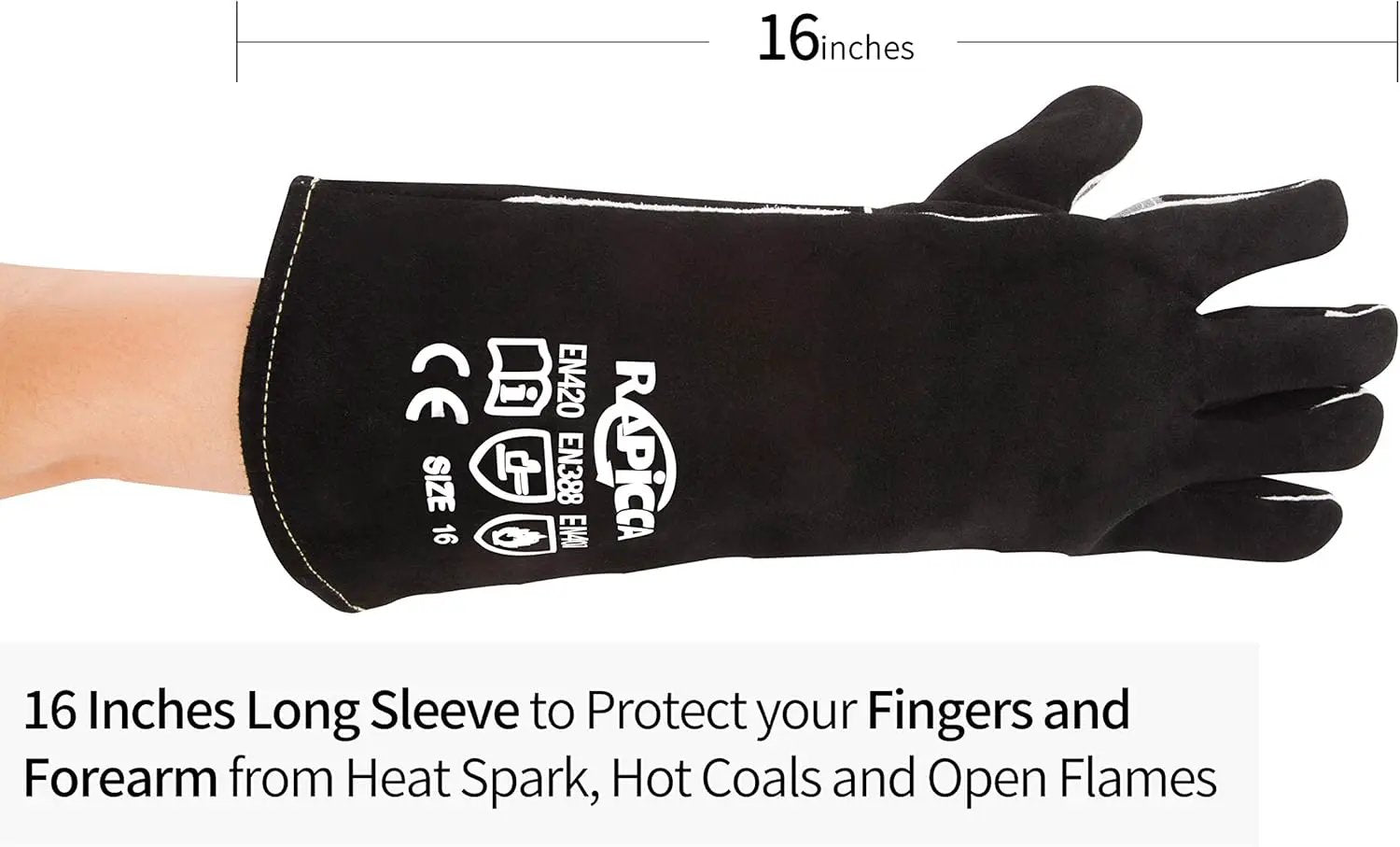 RAPICCA Welding Gloves Fire Heat Resistant: Black 16IN - Fireproof Leather For Stick Mig Flux-Core Welder Forge Blacksmith Fireplace Wood Stove Fire Pit Furnace Handling Dry ice - One Size 662℉ by GreenHaven Gardens