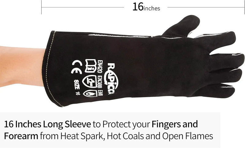 RAPICCA Welding Gloves Fire Heat Resistant: Black 16IN - Fireproof Leather For Stick Mig Flux-Core Welder Forge Blacksmith Fireplace Wood Stove Fire Pit Furnace Handling Dry ice - One Size 662℉ by GreenHaven Gardens
