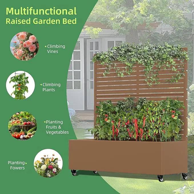 Casaphoria Metal Raised Garden Bed with Trellis and Wheels, 47"x47"x16" Planter Box for Climbing Plants, Vegetables & Vines, Features Drainage Holes and Privacy Screen (Brown-Louvered) by GreenHaven Gardens