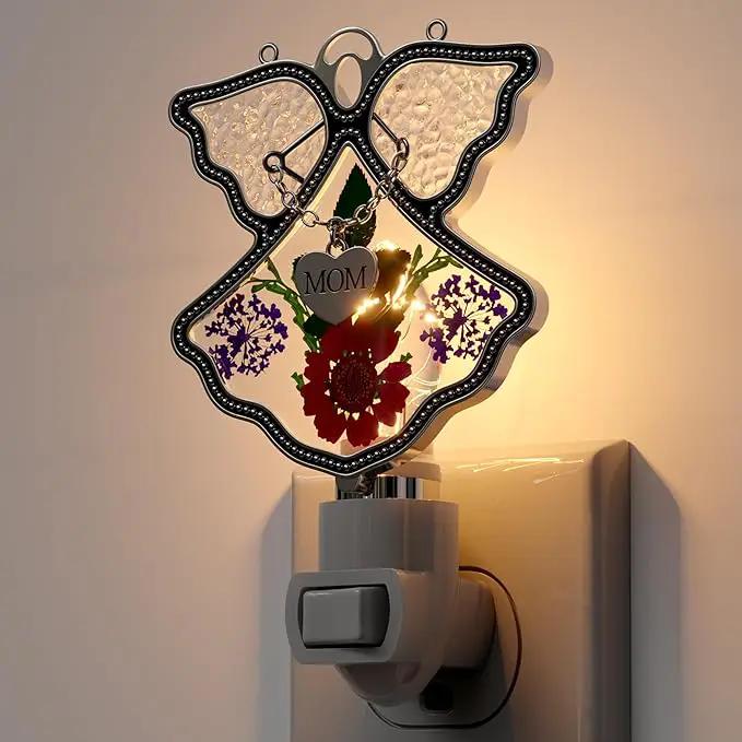 KY&BOSAM Night Light Mom Stained Glass Angel Night Lights Plug Into Wall with Real Flower in Glass and Metal Charm Night Light for Nursery Bedroom Bathroom Decorative Accent Lite Elegant Home Decor by GreenHaven Gardens