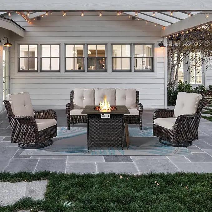 Outdoor Patio Furniture Set with 50000BTU Propane Fire Pit Table, 4 Pieces Wicker Patio Conversation Set with 2 Swivel Rocker Glider Chairs Rattan Sofa Beige Cushion Perfect for Gathering by GreenHaven Gardens