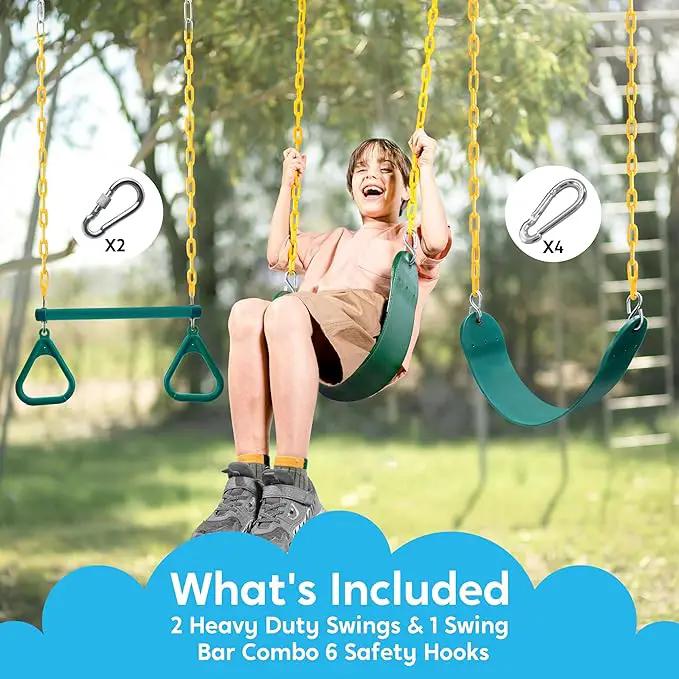 TURFEE 3 Pack Assorted Swing Set, Including 1 Gym Rings Trapeze Bar and 2 Pcs Swings with Plastic Coated Chain, Swingset Accessories Replacement for Kids Outdoor Play, Playground- Green by GreenHaven Gardens