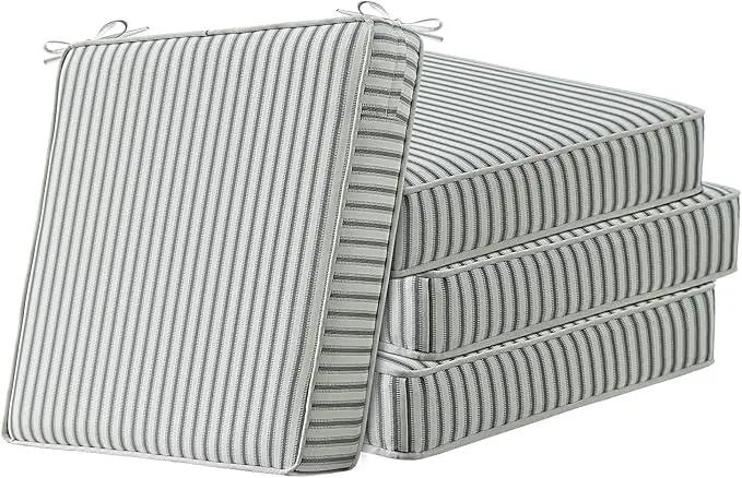 Square Corner Seat Cushions, 19" x 19" x 3", Set of 4, Indoor Outdoor Water Repellent Universal Chair Pads with Ties for Patio Furniture, Garden Deck Dining Chairs, Black and White by GreenHaven Gardens