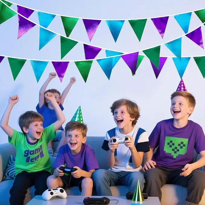 Blue Green Purple Party Decorations Metallic Fabric Triangle Pennant Banner Flag Bunting for Men Boys Video Game Theme Birthday Graduations Retirement Wedding Bachelor Baby Shower Party Supplies by GreenHaven Gardens