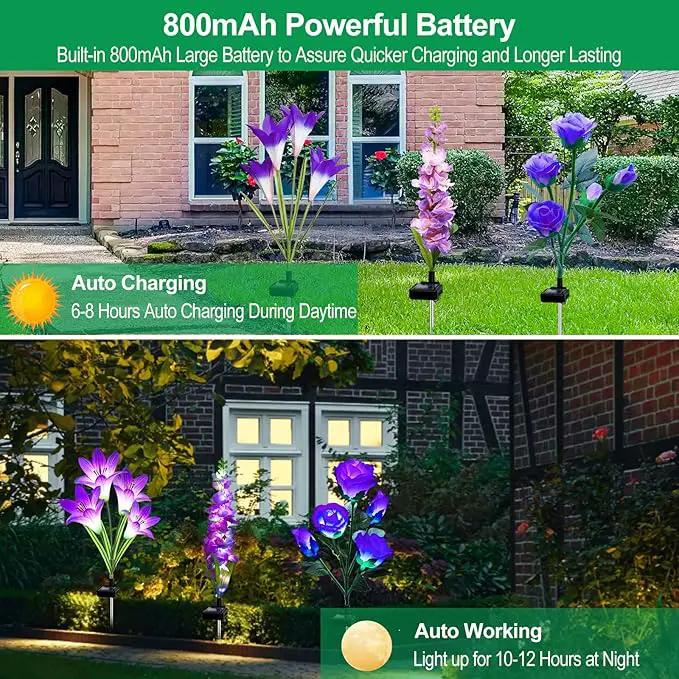 Solar Flowers Lights, 6 Pack Lily Rose Delphinium, Waterproof Gardening Gifts for Mom, Multi-Color Changing Outdoor Lights for Garden, Yard, Patio, Lawn by GreenHaven Gardens