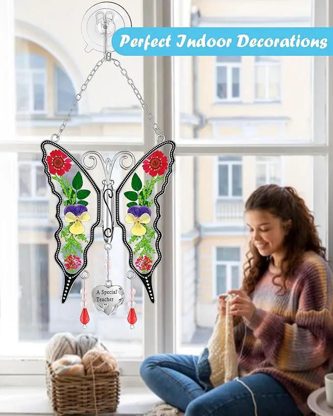 KY&BOSAM Butterfly Suncatcher A Special Teacher Stain Glass Suncatchers for Window Hanging Wind Chime with Pressed Flower Wings in Glass and Heart Charm Birthday Gift for Teacher`s Mother`s Day Gifts by GreenHaven Gardens