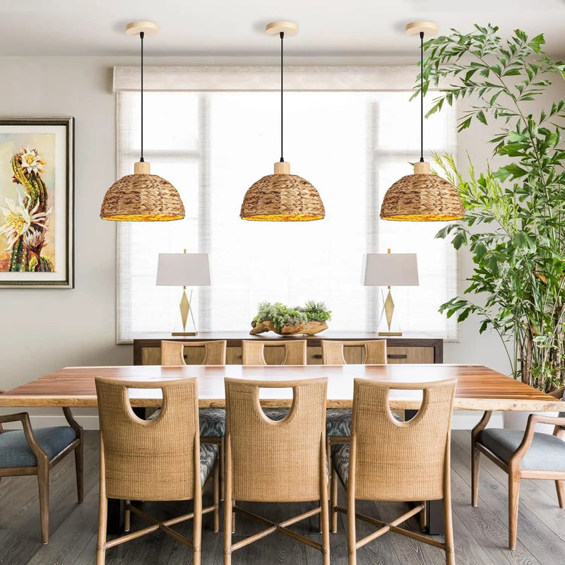 Boho Pendant Lights Kitchen Island, 11.8" Hand-Woven Rattan Light Fixture Bohemian Lighting Farmhouse Seagrass Weaving Hanging Ceiling Light Chandelier for Living Dining Room Restaurants by GreenHaven Gardens