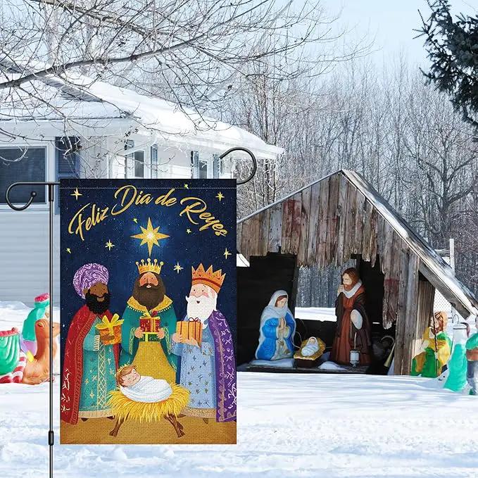 Heyfibro Feliz Dia De Reyes Garden Flag Three Kings Christmas Flags 12 x 18 Inch Double Sided Burlap,Nativity Christ Yard Banner for Xmas Winter Farmhouse Seasonal Decor(ONLY FLAG) by GreenHaven Gardens
