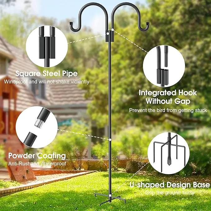 Highpro Double Shepherds Hooks for Outdoor, 2 Pack 79 Inch Heavy Duty Garden Pole for Hanging Bird Feeder, Bird Feeder Hook Plant Baskets,Garden Plant Hanger Stands with 5 Base Prongs by GreenHaven Gardens