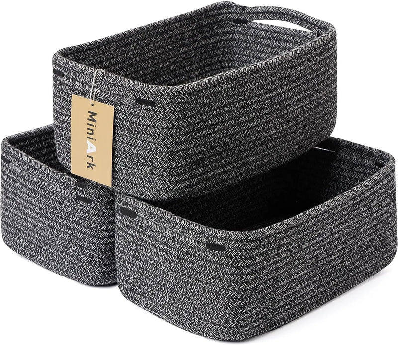 Small Storage Baskets for Organizing | Closet Organizer Bins | Shelf Toy Basket | Woven Rope Baskets | Cube Decorative Box | Shallow Basket | 13x8.5x5.1” | 3 Packs Dark Gray by GreenHaven Gardens