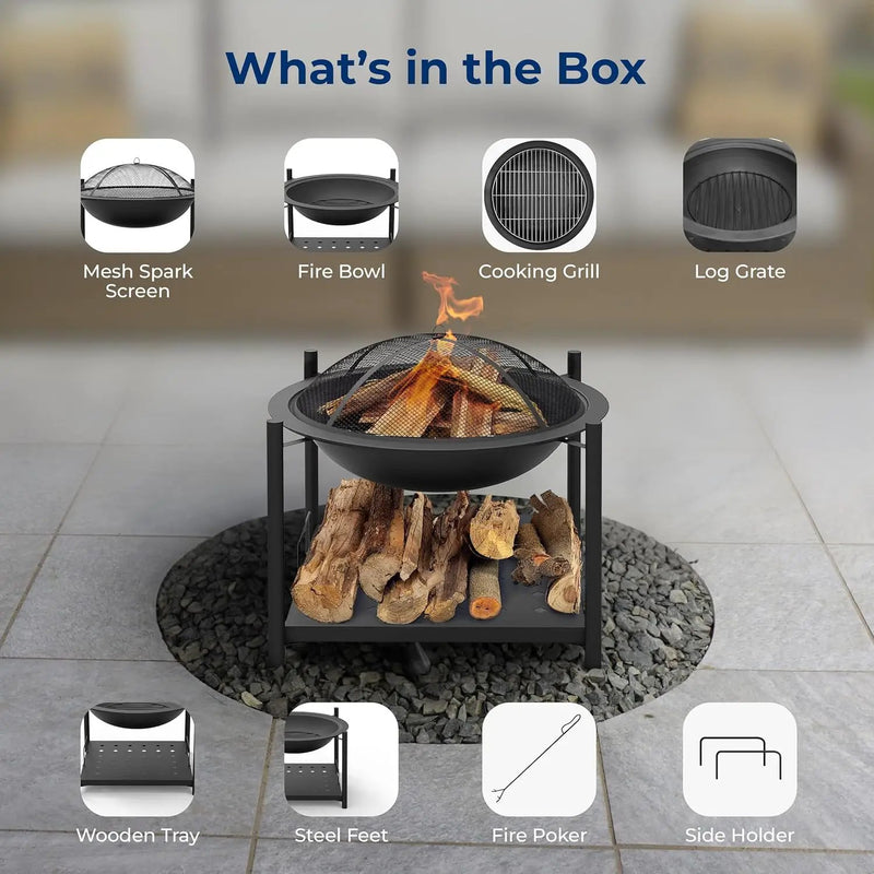SereneLife Portable Outdoor Fire Pit - 2-in-1 Steel BBQ Grill and 26" Wood Burning Fire Pit Bowl with Mesh Spark Screen, Log Grate, Fire Poker, and Cover for Camping, Picnic, Bonfires by GreenHaven Gardens