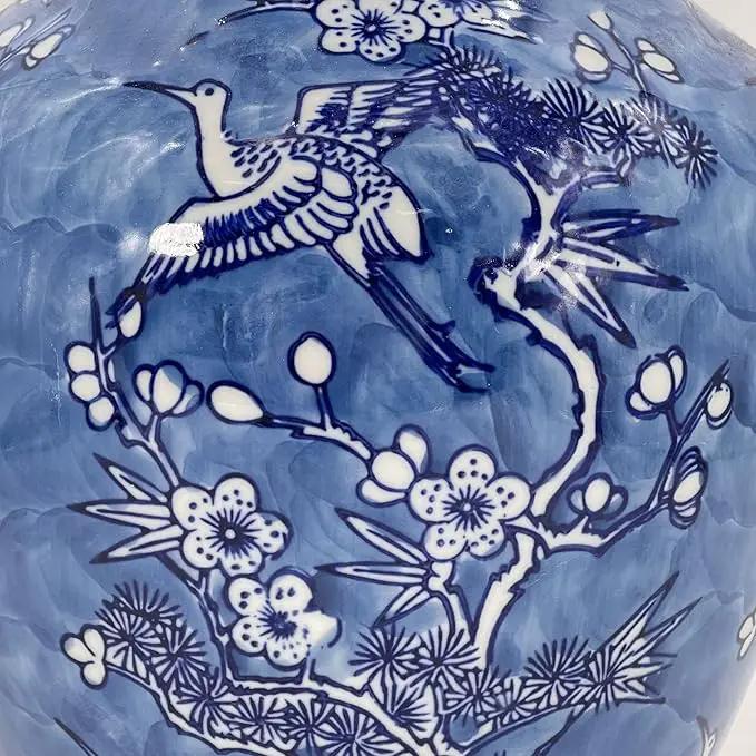 Galt International White & Blue Floral Crane Chinoiserie Ceramic Vase 14" - Hand Painted Antique Style Porcelain Bird & Flower Bottle Fishtail Porcelain Chinese Vase for Home Decor Centerpiece by GreenHaven Gardens