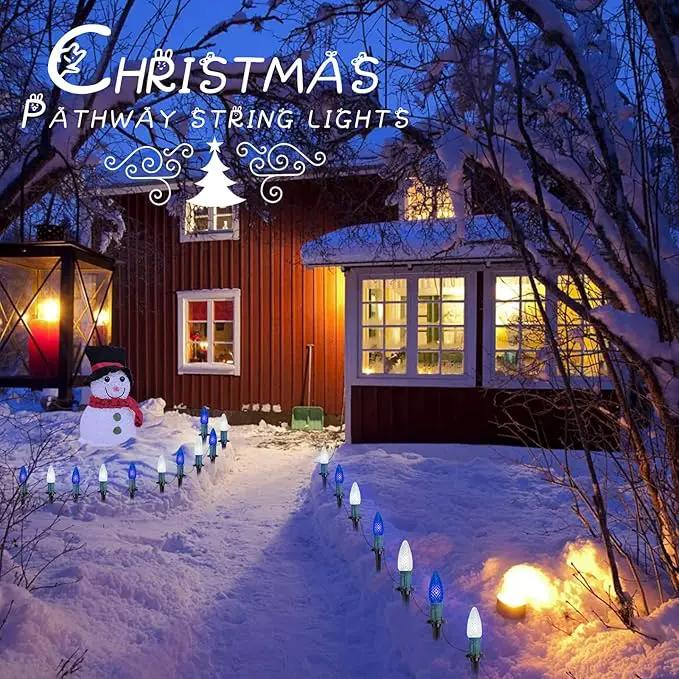 Christmas Pathway Lights Outdoor, 2 Pack 26 Ft 20 LED C9 Strawberry String Lights with Stakes, Connectable Waterproof Outside Christmas Lights Marker for Path, Lane, Patio Decor, Blue & Pure White by GreenHaven Gardens