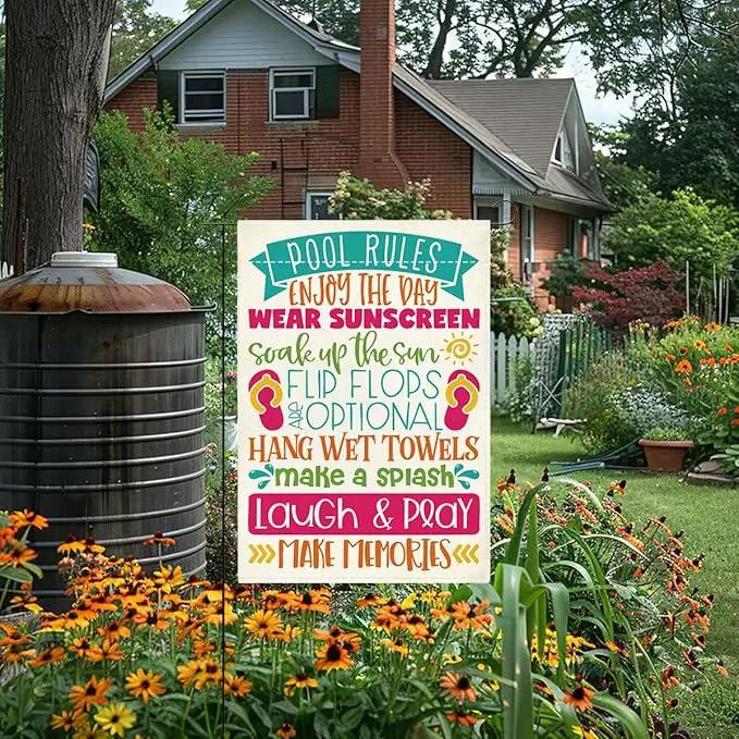 Patio Summer Clearance Pool Garden Flag Welcome to Our Patio Sign Outdoor Decorations Small Double Sided Burlap art Stained Glass Style Garden Flags 12 x 18 Inch for Outside by GreenHaven Gardens