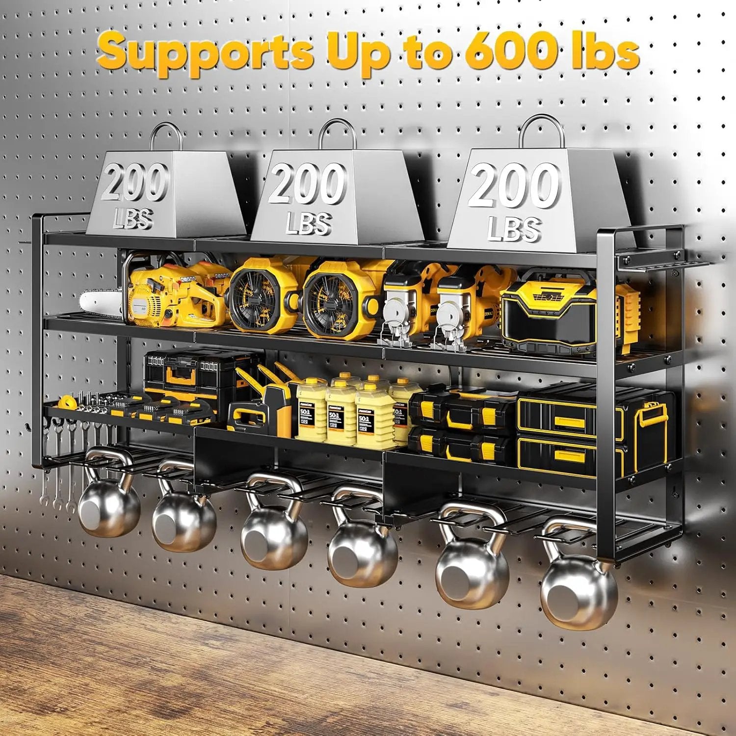 49.5" W Large Power Tool Organizer Wall Mount with Charging Station, 4-Tier Heavy Duty12 Cordless Drills Holder Load 600 lb, Tool Battery Storage Rack Built in 8 Outlet Power Strip for Garage by GreenHaven Gardens