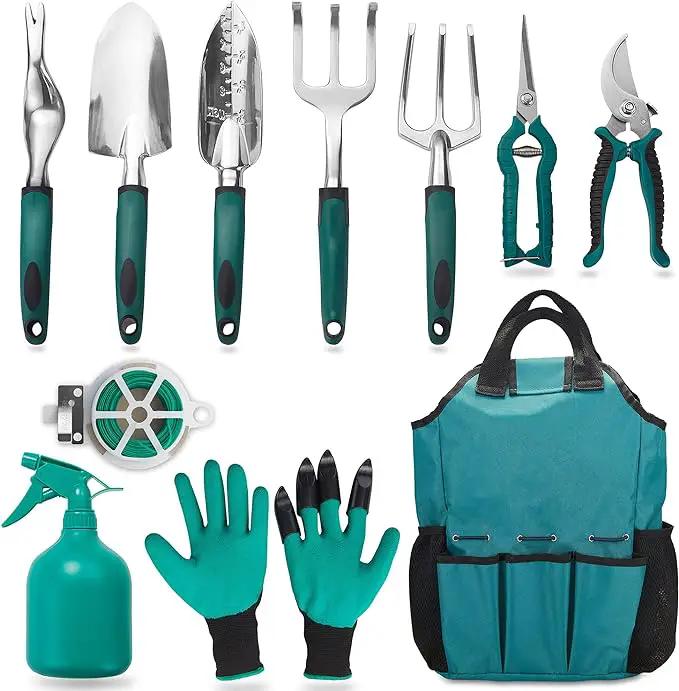 FiveJoy Garden Tool Set, 11 PCS Aluminum Gardening Hand Tools with Tote Bag, Ergonomic Handle, Gift for Women, Men, Mom, Dad, Garden Starter Kit by GreenHaven Gardens