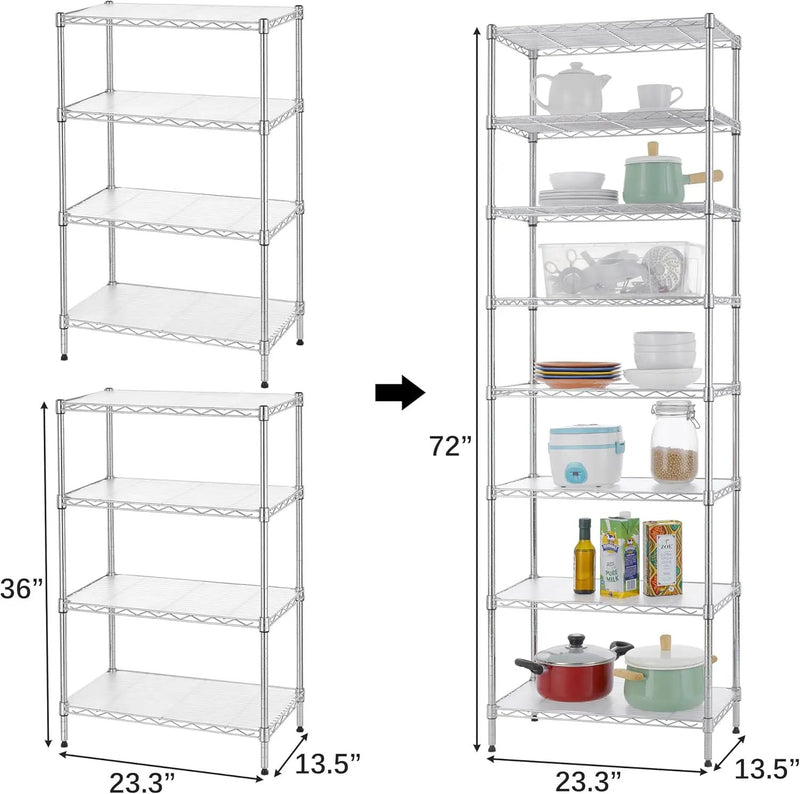 Finnhomy 8-Tier Wire Shelving Unit Adjustable Steel Wire Rack Shelving 8 Shelves Steel Storage Rack or Two 4-Tier Shelving Units with PE mat, Leveling Feet and Safety Device, NSF Certified, Chrome by GreenHaven Gardens