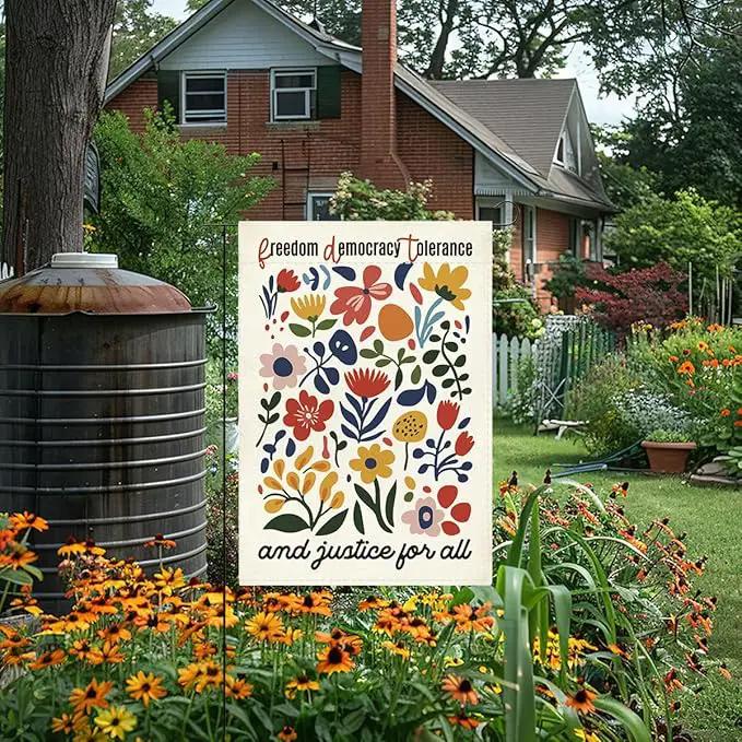 Social Justice Encourage Garden Flag Freedom Democracy Tolerance And Justice for All Decorations Small Double Sided Burlap art Stained Glass Style Garden Flags 12 x 18 Inch for Outside by GreenHaven Gardens