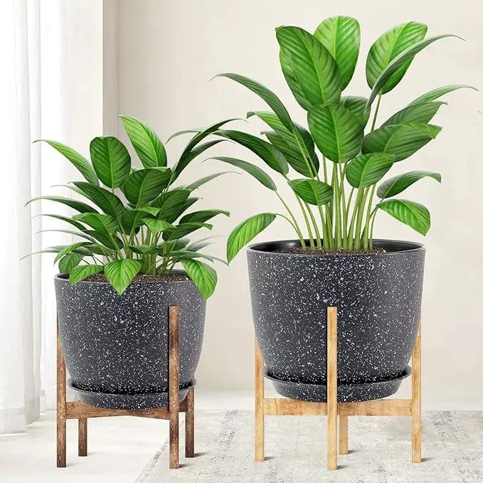 12/10/9 Large Modern Plant Pots, Plastic Planters with Drainage Holes and Saucers for Indoor Outdoor Plants Flowers, Black Speckles by GreenHaven Gardens