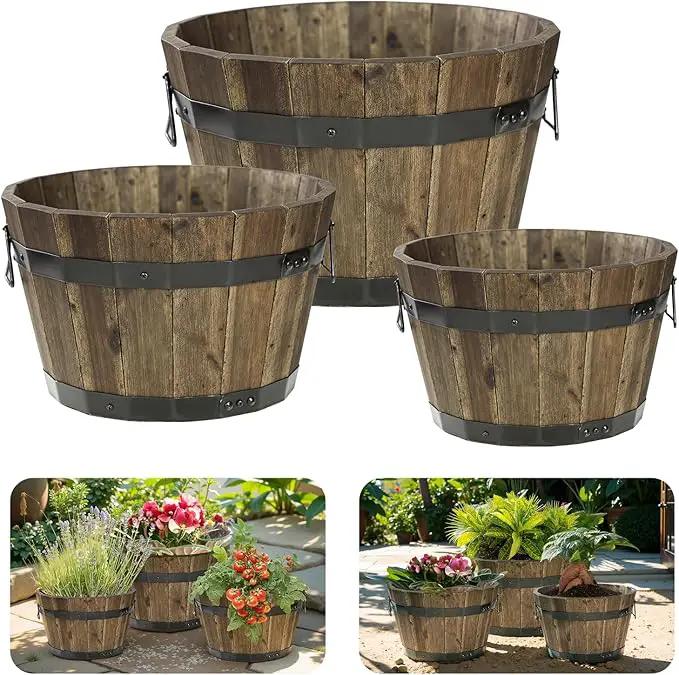 IDZO Set of 3 Wooden Flower Planters for Outdoor Plants, Acacia Wood Barrel Planters, Ergonomic Handles, Drainage Holes, Various Sizes, Walnut by GreenHaven Gardens