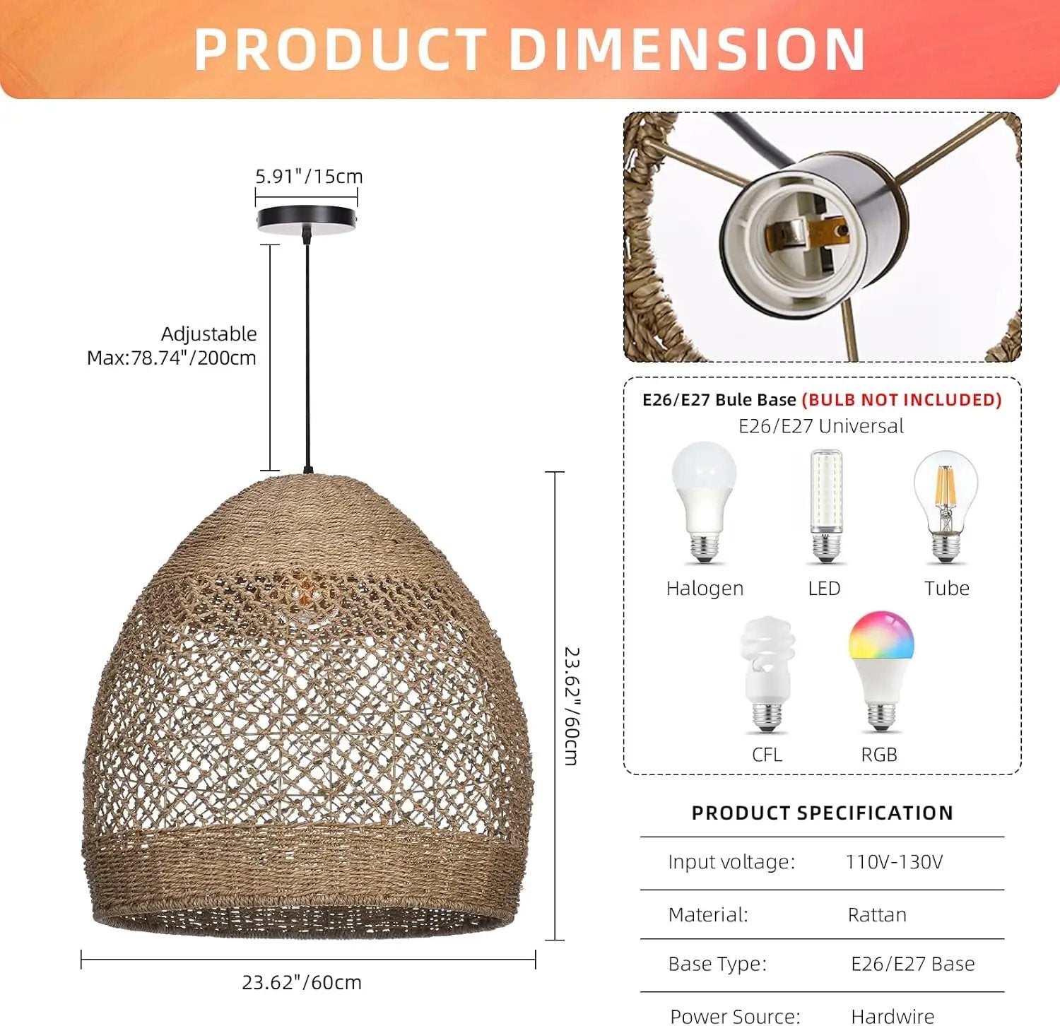 Arturesthome Rustic Rattan Pendant Light,Basket Hanging Light Ceiling Lamp for Dining Room,23.6" Farmhouse Wicker Chandelier for Living Room Foyer Bedroom Hallway by GreenHaven Gardens